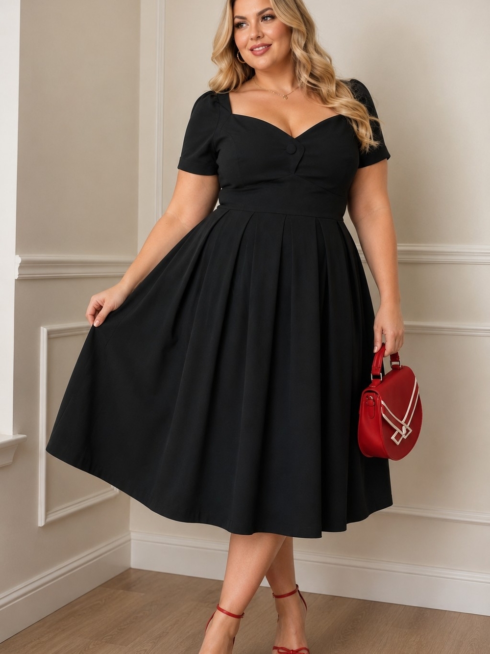 Unique Vintage Black Fit-and-Flare Midi Dress with Sweetheart Neckline